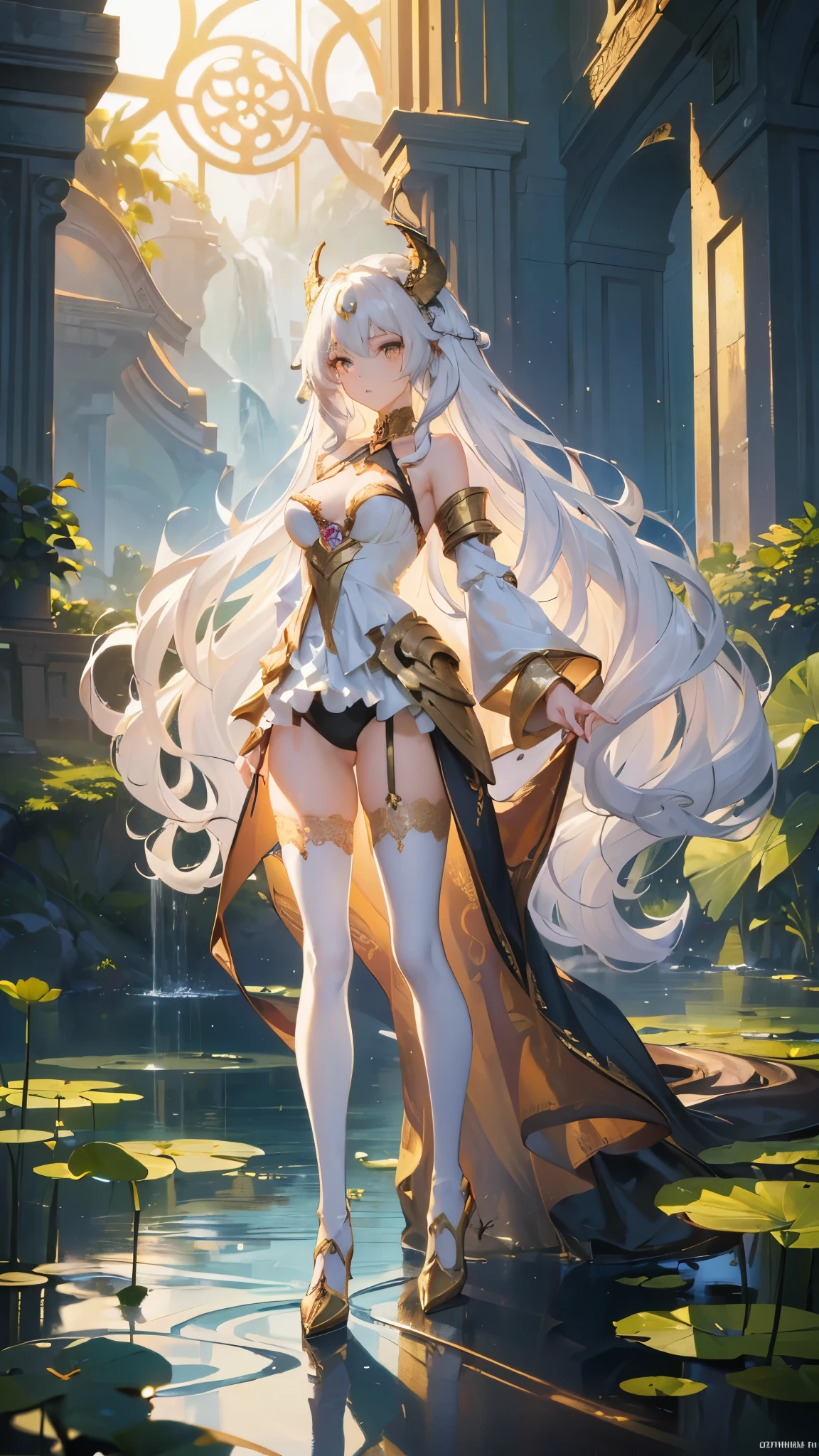 ((masterpiece, best quality)), Detailed face，Dragon Girl，Full body painting，Perfect body proportions，Long legs，((Long wavy hair)), ((Half of her hair is white，The other half is golden，Divided into two colors))，beautiful eyes，Fantasy style，extremely beautiful，Sky City，Lotus Pond，transparent，Sexy Lingerie，Lace，Garter stockings，exposed