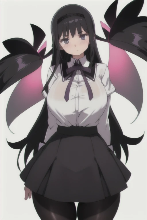 bp-homura, 1girl, long hair, solo, akemi homura, pantyhose, black hair, magical girl, 1girl, solo, embarrassed, blushing ,huge breasts, huge thighs, narrow waist, wide hips, thick thighs, curvy, cleavage, white shirt, wet shirt, see through shirt, microskirt, skirt flip, showing her pantys, arms at her sides, back to the viewer, ((white background)), simple background, (best quality), ((masterpiece)), (highres), original, extremely detailed wallpaper,shiny, chromatic aberration abuse, detailed background, vivid color, (highly ultra detailed face and hair and skin and eyes and finger and cloth and background and hair:1.2),,