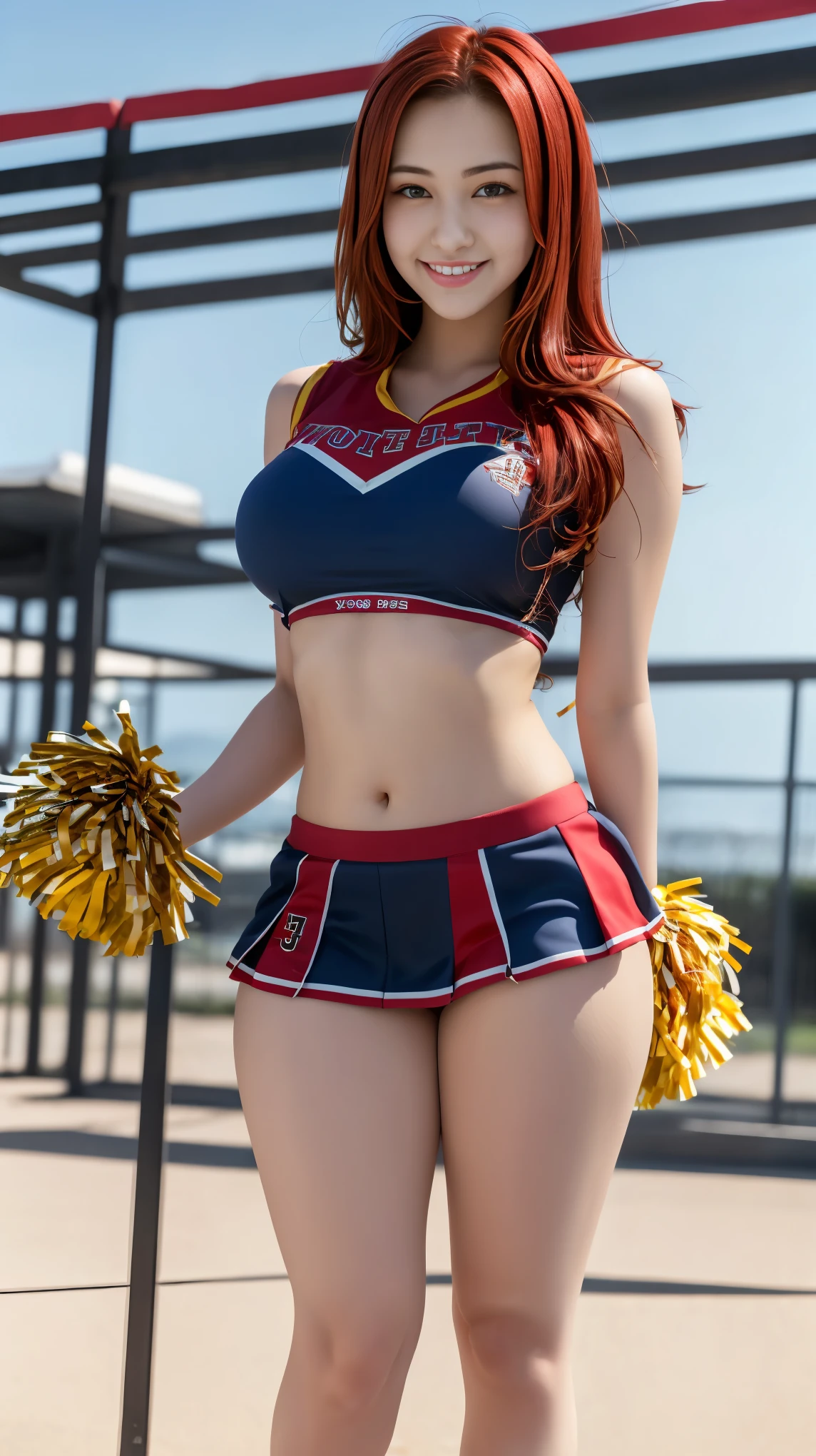Beautiful redhead, very cute face, 4k resolution, solo:1, pov, beautiful thick thighs, Sunny city background, (cheerleader), midriff, very cute 18 year old girl
