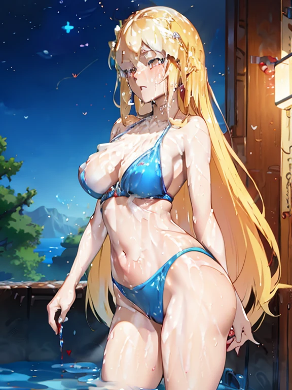 blonde very long hair, red eyes, wearing a sexy blue bra, ultrasharp, looking at the viewer, ((best quality)), ((masterpiece)), (detailed), perfect face, big breast, sexy body, with hearts and sparkles floating around her as she stands in a pool of water