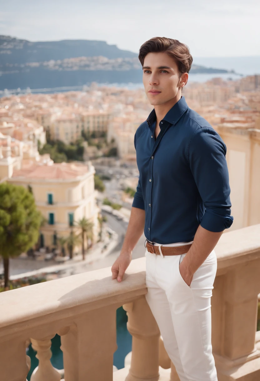 A boy with dark hair, wearing an old money style navy blue shirt and light color trousers, standing on the balcony besides the view of Monaco. This artwork should have the best quality, be in 4k resolution, and be realistic. The boy is 24 years old and has an aesthetic body.