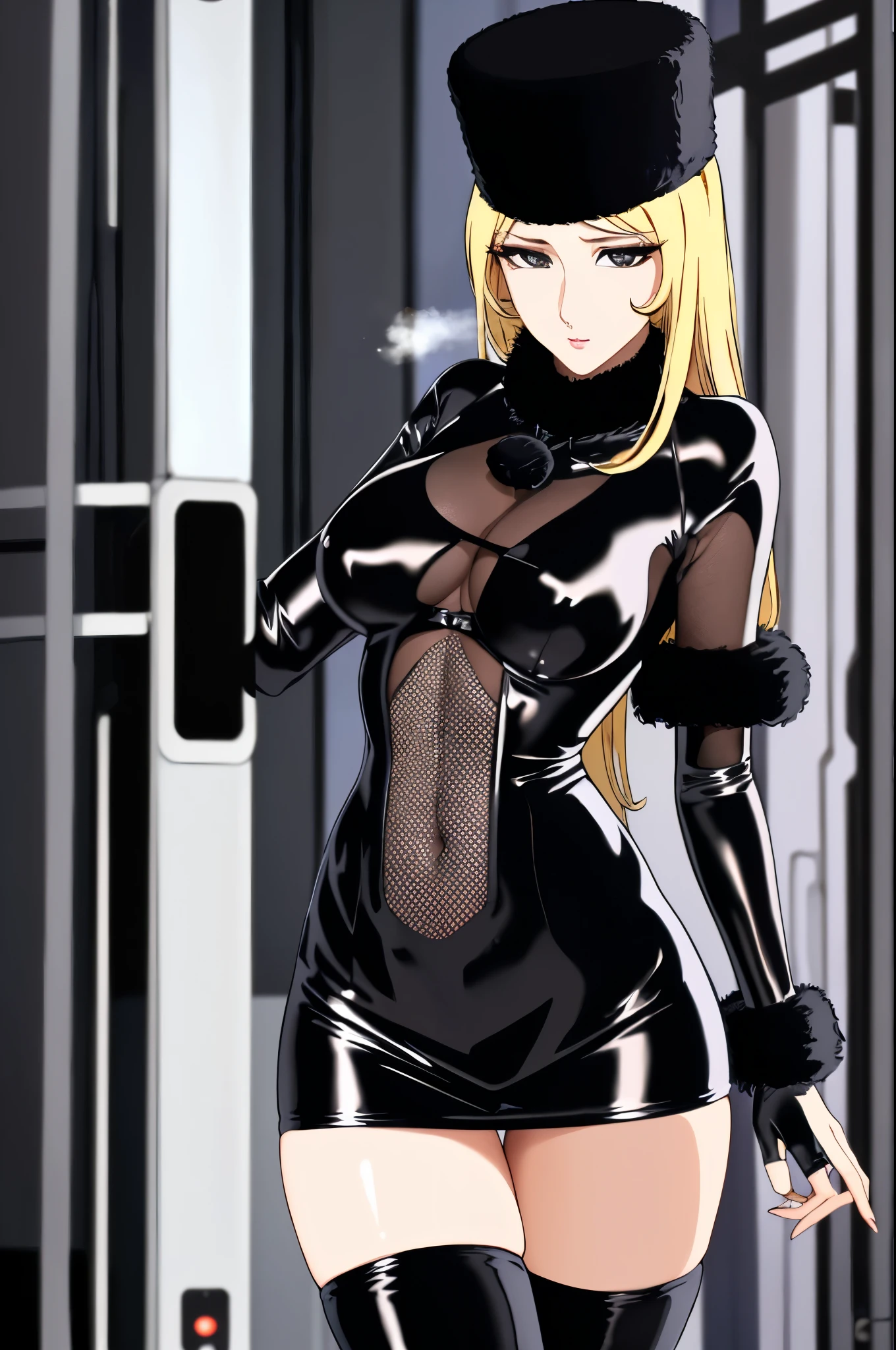 BDSM、Queen、mistress、(((One girl)))、solo、(((Long gloves covered to the fingertips in black latex:1.4 )))、(((黒いラテックスのコルセットdress:1.4)))、(((コルセットdressは綺麗なレースで飾られています)))、(((ショルダーストラップ付きのコルセットdress)))、(((Black latex tight mini skirt:1.4)))、(((Black Thigh Boots)))、(((Black fishnet stockings:1.2 )))、Stiletto heels、(((Black latex panties)))、(((Black latex bra)))、(((Black leather collar)))、(((Sexy pose:1.4 )))、Wide-open legs:1.2、(((Erotic)))、(((Cowboy Shot)))、highest quality, Great quality, 16k, RAW Photos, Realistic, Unbelievably absurd, Very detailed, delicate, Flashy and dynamic depiction, Galaxy Express 999, Material, Long Hair, blonde, Fur trim, Black Hat, Fur is, dress, (Cowboy Shot:1.3), Beautiful and cool woman, sad, Fleeting, Melancholic expression, Sharp eyes, Sharp Face, Slim and perfectly proportioned, Tight waist, Lip Makeup, Long eyelashes, Detailed pupil, Detailed skin texture, Background Galaxy, night, Station platform, Steam locomotive station, luggage