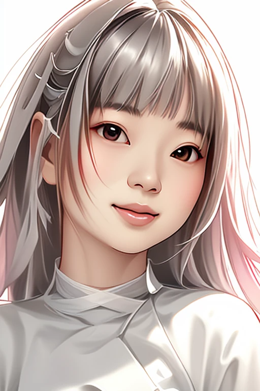 Ultra minimal, clean lines featuring a highly captivating and expressive portraiture of a delicate and ethereal young Japanese woman, smiling,representing tranquility. Light grey lines, off-white background, subtle gold and pink watercolor fill, illustration,wong-wedok