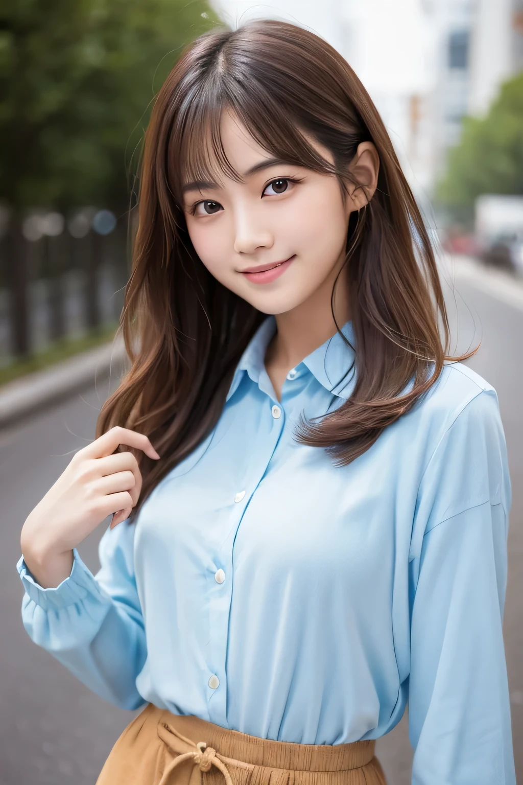 Produce the highest quality and highest resolution 8K images。The model is a 20-year-old Japanese woman.。The image depicts her posing and smiling for the camera.。She has brown eyes and a model figure.、She has an idol-level cute face.。The hair is wavy。Skin has a healthy color。Clothes、６Dressed for the month。