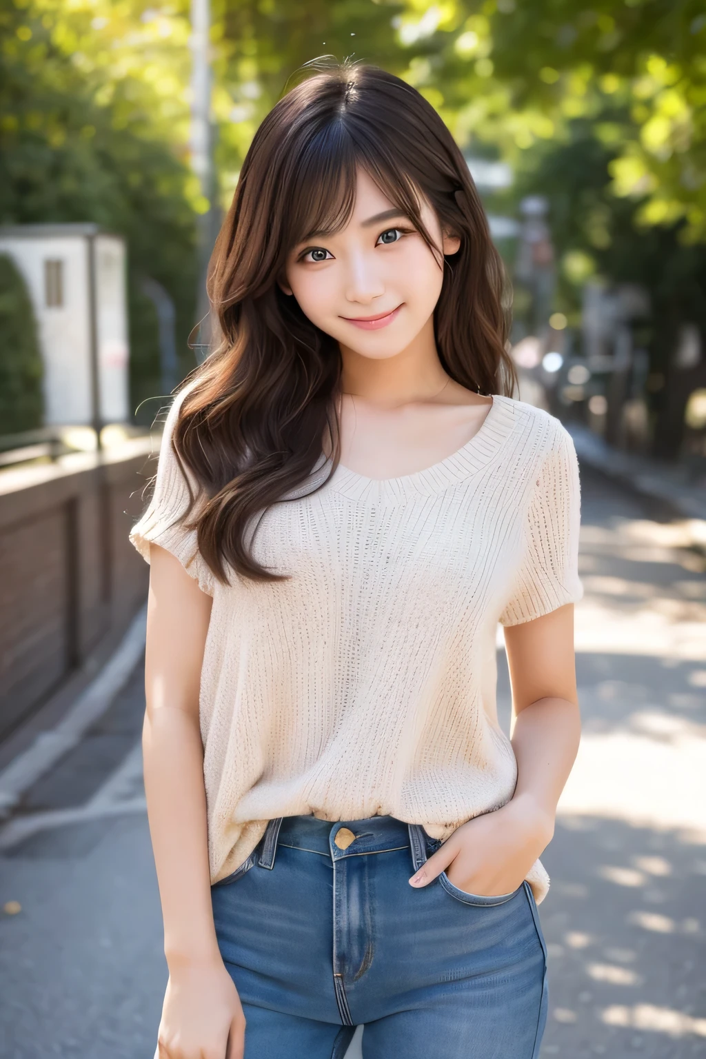 Produce the highest quality and highest resolution 8K images。The model is a 20-year-old Japanese woman.。The image depicts her posing and smiling for the camera.。She has brown eyes and a model figure.、She has an idol-level cute face.。The hair is wavy。Skin has a healthy color。Clothes、６Dressed for the month。