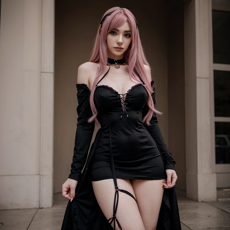 Transgender woman , anime ,Black yes , pink hair long , goth dress in acessories