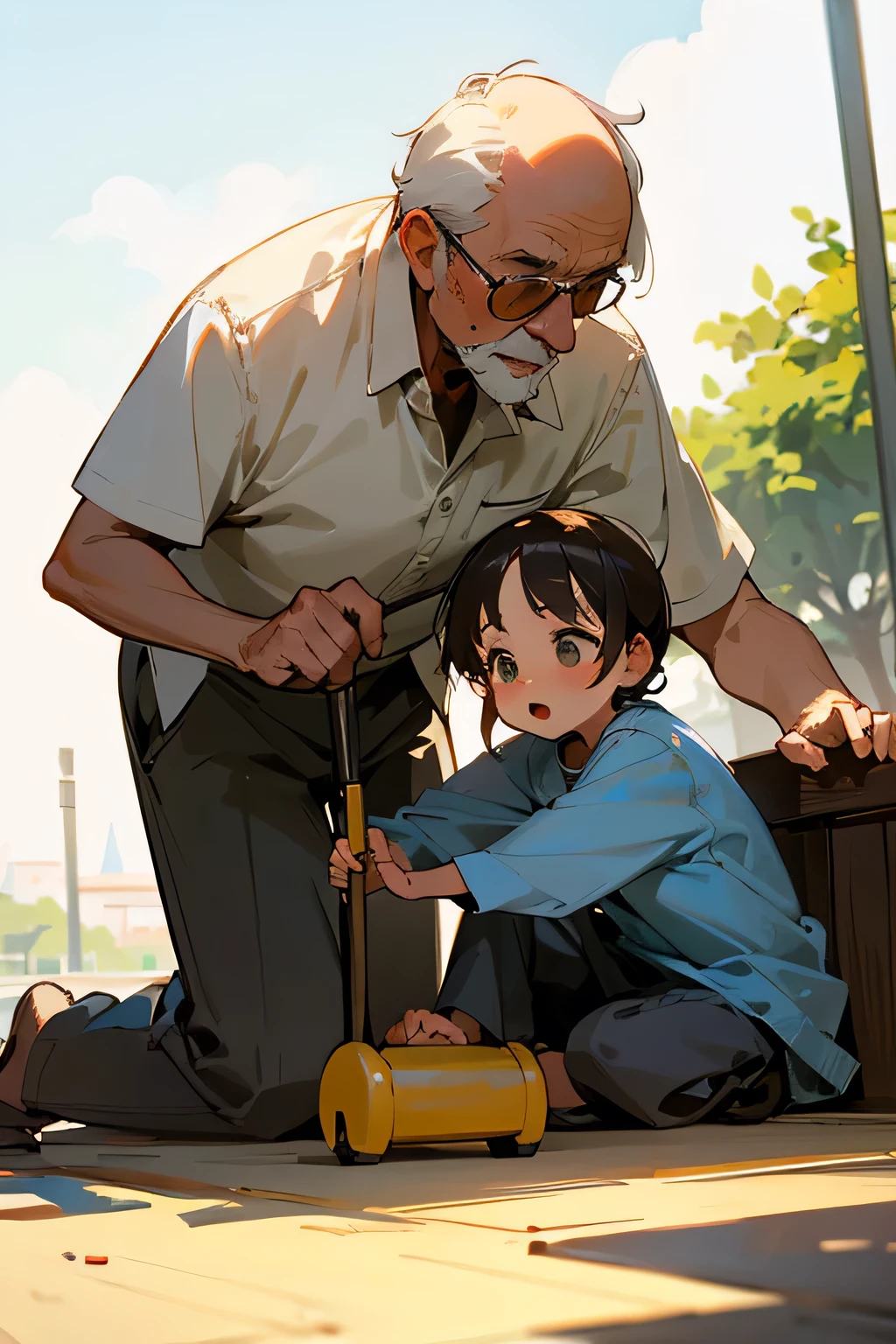 Grandfather on a beautiful sunny day playing with his granddaughter