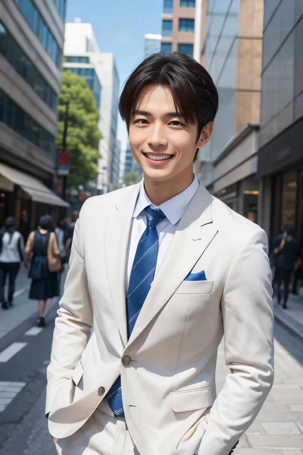 masterpiece, The best quality at its best, 1peopleの男の子, アジアpeople男性, 東アジアpeople, people, Muscles are balanced, Short Hair Details,With a smile, White teeth, Blue striped suit, Street Background, Realistic Style,photograph,Viewed from the front, Displaying the viewer,office、Foliage plant、Inside a skyscraper、