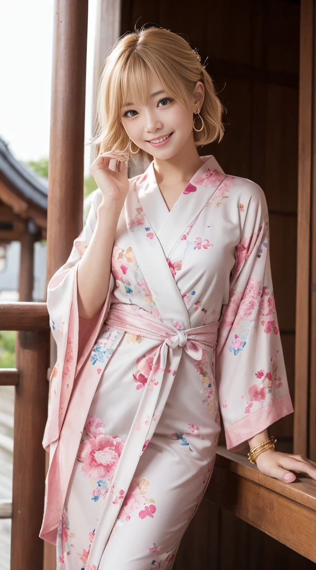 flying debris、highest quality、An illustration、highest quality、Understood、High resolution、8k wallpaper、Perfect dynamic composition、(((Ezvian Everywhere)))、((From below))、Beautiful and cute 20 year old girl、Beautiful face in every detail、Delicate and cute eyes、Fine skin、Red cheeks.、shy、(Semi-short hair:1.3)、(wavy blonde hair)、Small breasts、Bold sexy pose、smile、Small breasts、Between the legs、Small Ass、Thin ass、Generated on the eaves.、Narrow shoulders、wavy blonde hair、blonde、Heart-shaped earrings、smile、、Gold bracelet、Summer festival、in yukata、Wear a yukata with a large floral pattern、Yellow obi, pink obi cord、Tie your hair back、Fireworks Festival Venue、night、Fireworks in the background、