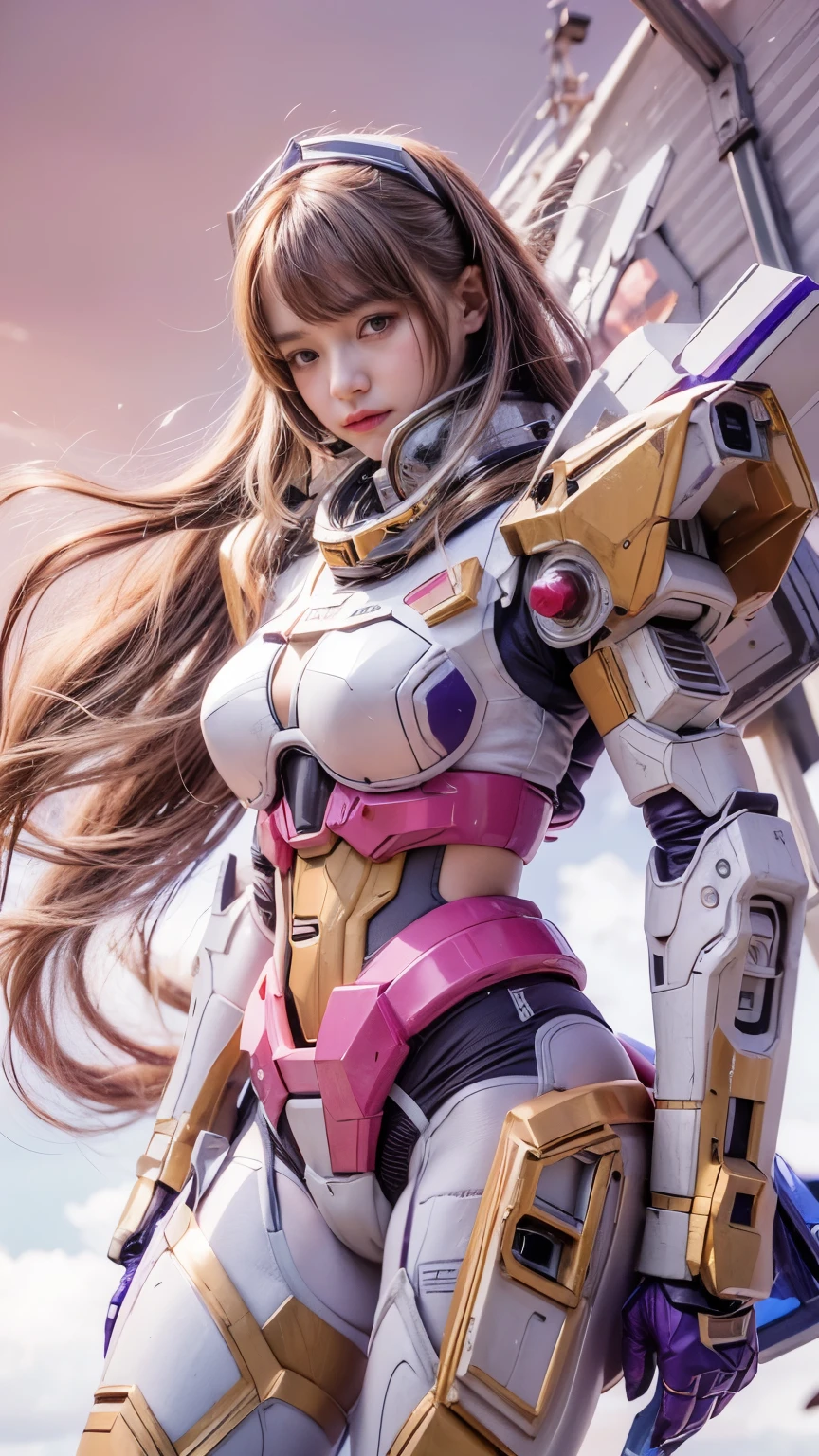 RAW, Masterpiece, Ultra Fine Photo,, Best Quality, Ultra High Resolution, Photorealistic, Sunlight, Full Body Portrait, Stunningly Beautiful,, Dynamic Poses, Delicate Face, Vibrant Eyes, (Side View) a close up of a woman in a pink and white gundam custume, dybamic pose, long brown very very very long long hair rapunzel, girl in mecha cyber armor, portrait armored astronaut girl, d. va from overwatch, female mecha, on a gundam, gundam head, chiho aoshima color scheme, mobile suit, streamlined purple armor, fully robotic!! girl, realistic cosplay, gundam armor (dynamic pose) (best cameraview), full body, sit down