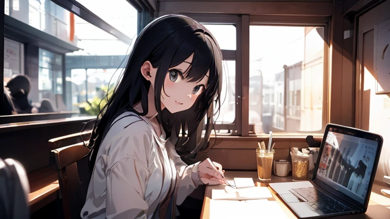 Lo-fi music vibes、Please draw me a cute anime style illustration。
Please draw an illustration of a cute girl wearing earphones..。
10 a.m.。The weather is sunny。Outside the window is a city background。Head to waist。Sitting on a chair in a coffee shop。An open laptop on a table。Working on a laptop。Black hair color。Please draw me an illustration of a cute girl。Use pastel and soft colors、Expressing a gentle atmosphere。The light shines。
As an accent color、Use vibrant colors。
Keep the color wheel in mind、Maintain a consistent color scheme。