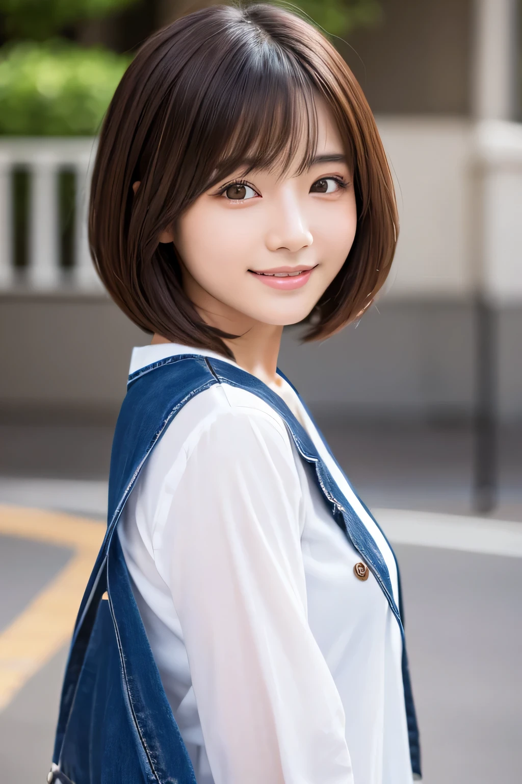 Produce the highest quality and highest resolution 8K images。The model is a 20-year-old Japanese woman.。The image depicts her posing and smiling for the camera.。She has brown eyes and a model figure.、She has an idol-level cute face.。Hair is bob cut。Skin has a healthy color。Clothes、６Dressed for the month。