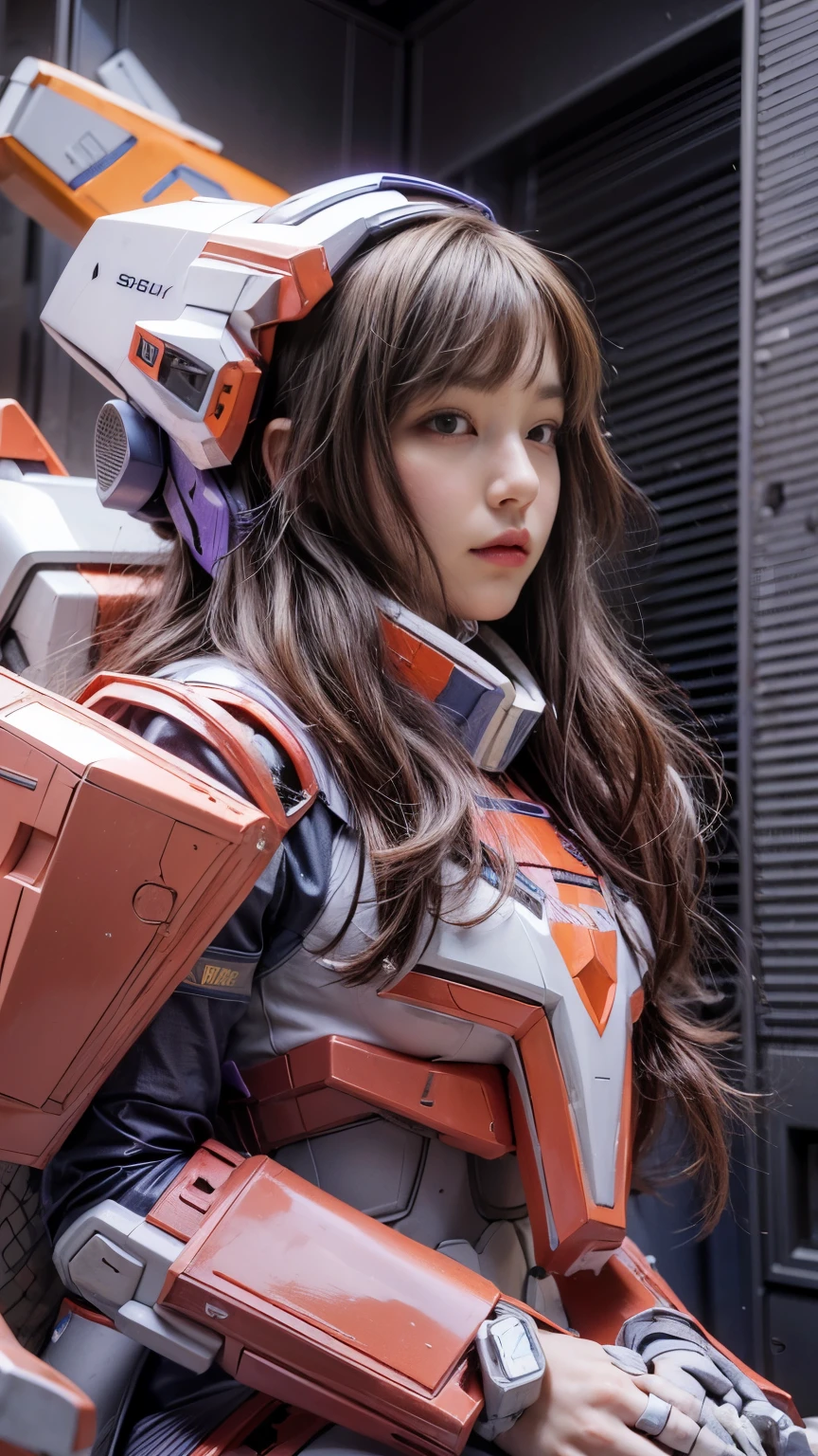 RAW, Masterpiece, Ultra Fine Photo,, Best Quality, Ultra High Resolution, Photorealistic, Sunlight, Full Body Portrait, Stunningly Beautiful,, Dynamic Poses, Delicate Face, Vibrant Eyes, (Side View) a close up of a woman in a pink and white gundam custume, dybamic pose, long brown very very very long long hair rapunzel, girl in mecha cyber armor, portrait armored astronaut girl, d. va from overwatch, female mecha, on a gundam, gundam head, chiho aoshima color scheme, mobile suit, streamlined purple armor, fully robotic!! girl, realistic cosplay, gundam armor (dynamic pose) (best cameraview), full body, sit down