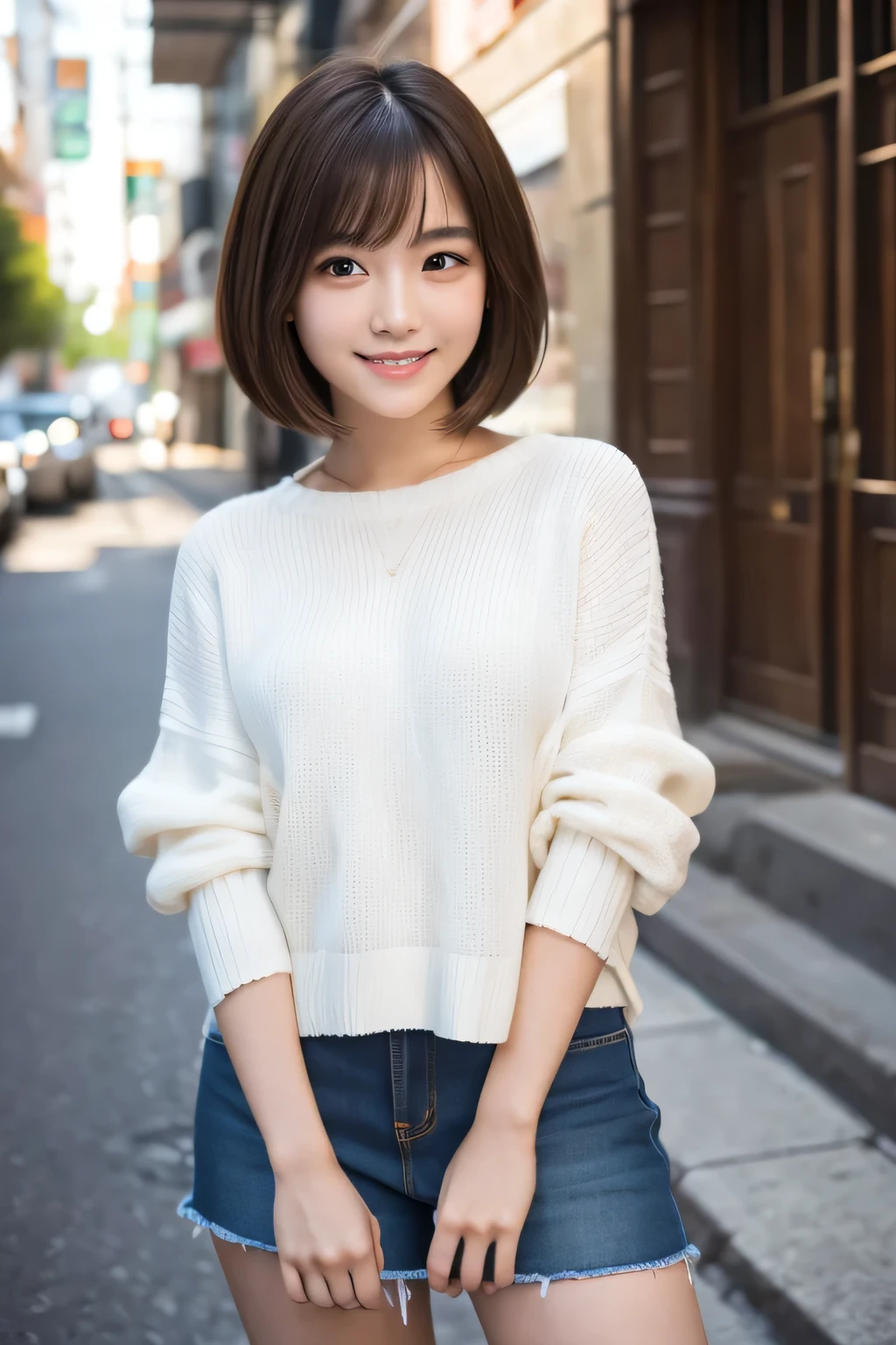 Produce the highest quality and highest resolution 8K images。The model is a 20-year-old Japanese woman.。The image depicts her posing and smiling for the camera.。She has brown eyes and a model figure.、She has an idol-level cute face.。Hair is bob cut。Skin has a healthy color。Clothes、６Dressed for the month。