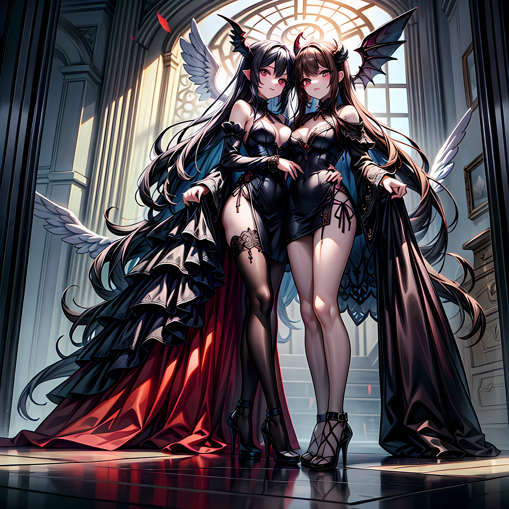 fantasy art, RPG art a picture of ((2 women)), , a female angel (Masterpiece, 1.3, intricate details), wearing dress, pale skin, best details beautiful face (Masterpiece, 1.3, intricate details), blond hair, long hair wavy hair (Masterpiece, 1.3, intricate details), blue eyes, high heeled boots, wearing a dress (Masterpiece: 1.3, intricate details), large angelic wings, white angelic wings spread [AND] a female demon (Masterpiece, 1.3, intricate details), demon, red skin (Masterpiece, 1.3, intricate details), demonic wings, black demonic wings spread, demonic horns (Masterpiece, 1.3), red skin (Masterpiece, 1.3), black hair, red eyes, best details beautiful face (Masterpiece, 1.3, intricate details), wearing a dress (Masterpiece: 1.3, intricate details), high heels, in the border between heaven and hell, moon, stars, clouds, god rays, soft natural light silhouette, dynamic angle,  photorealism, panoramic view (Masterpiece 1.3, intense details) , Wide-Angle, Ultra-Wide