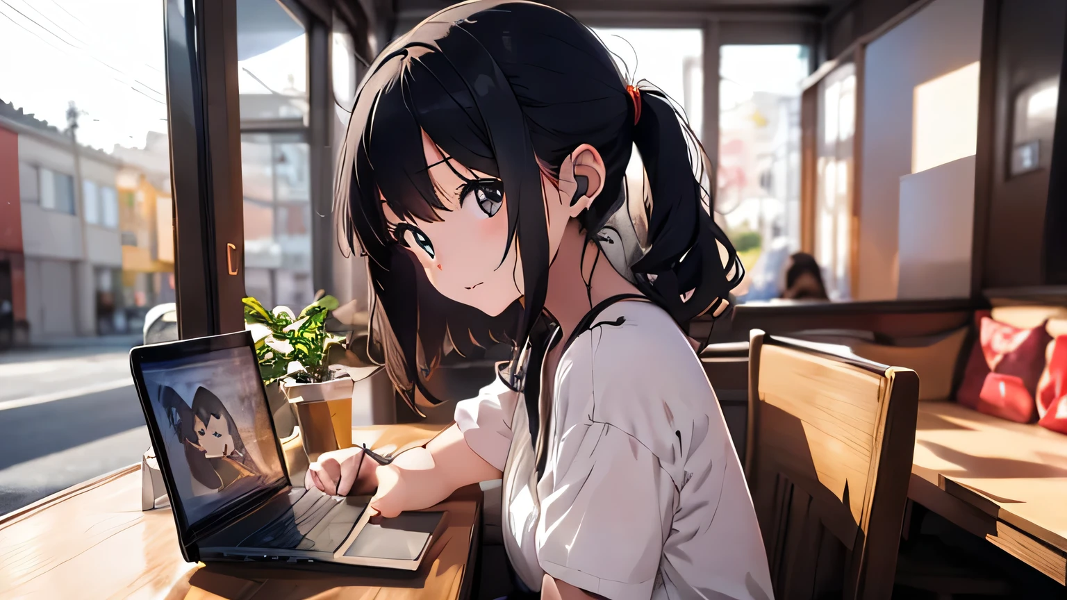 Lo-fi music vibes、Please draw me a cute anime style illustration。
Please draw an illustration of a cute girl wearing earphones..。
10 a.m.。The weather is sunny。Outside the window is a city background。Head to waist。Sitting on a chair in a coffee shop。An open laptop on a table。Working on a laptop。Black hair color。Please draw me an illustration of a cute girl。Use pastel and soft colors、Expressing a gentle atmosphere。The light shines。
As an accent color、Use vibrant colors。
Keep the color wheel in mind、Maintain a consistent color scheme。