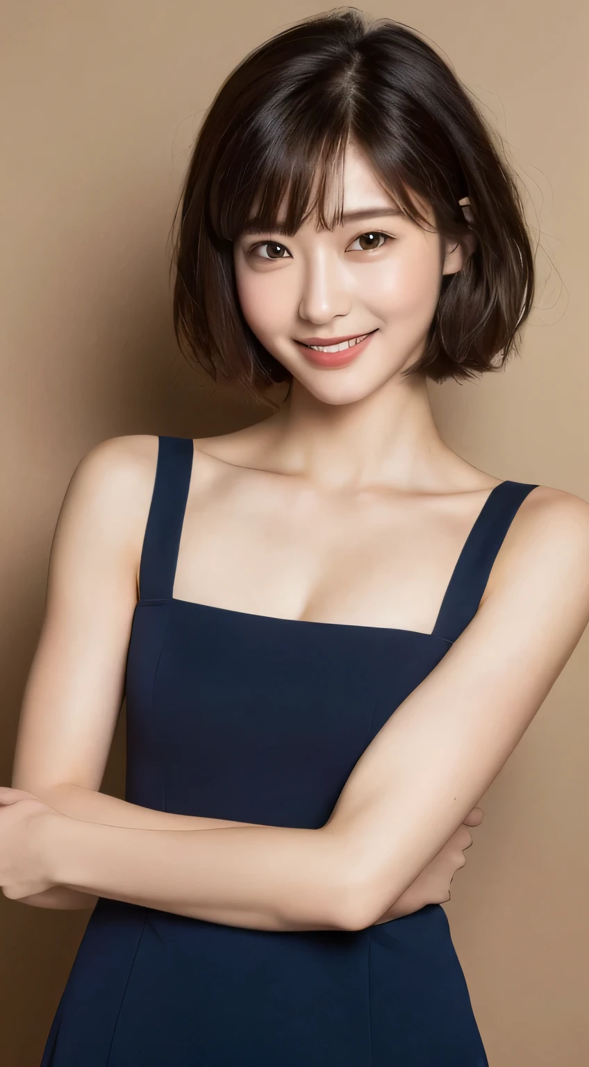 ((highest quality, 8k, masterpiece: 1.3)), One girl, The beauty of slim abs: 1.3, (Short hair with bangs), dress: 1.1, Super Fine Face, Fine grain, double eyelid, smile, Home