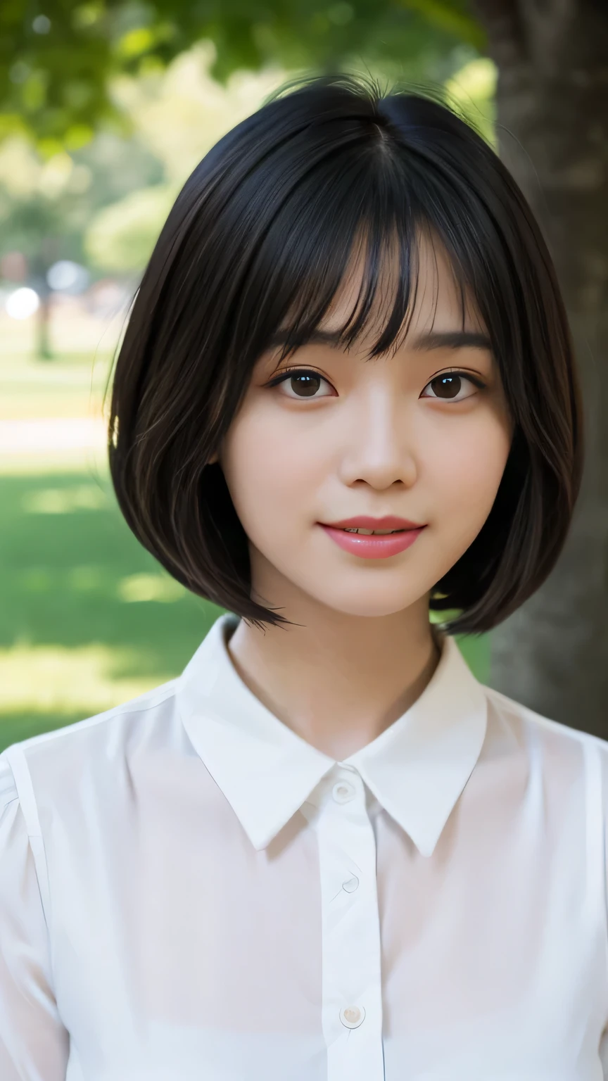 （Ultra-high resolution）（masterpiece）（Textured skin）（Very detailed）（high quality）（最high quality）（First Person View）(16k ),woman,(Upper Shot),White dress shirt,smile,Blunt bangs bob cut,at the park,Black Hair,Model-like beauty
