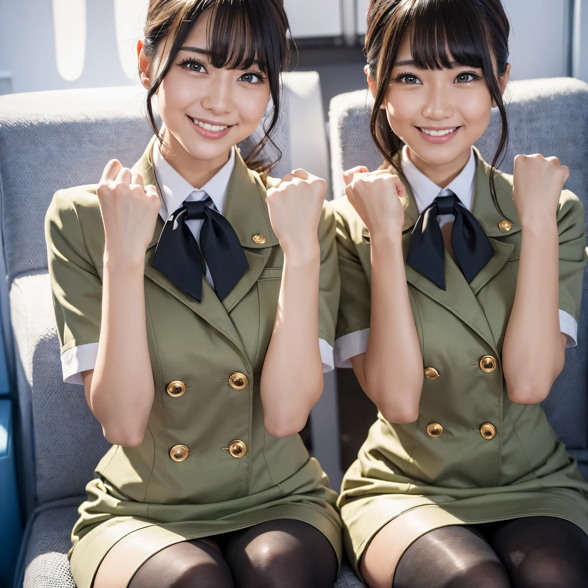 (best quality, masterpiece:1.5), (ultra-detailed, realistic:1.37),4K,(2girls:1.5),japanese,cute,beautiful legs,perfect face, perfect arms, perfect legs,perfect fingers,(stewardess:1.3),(tight skirt),flight cap,(black pantyhose:1.2),smile,hands fist,