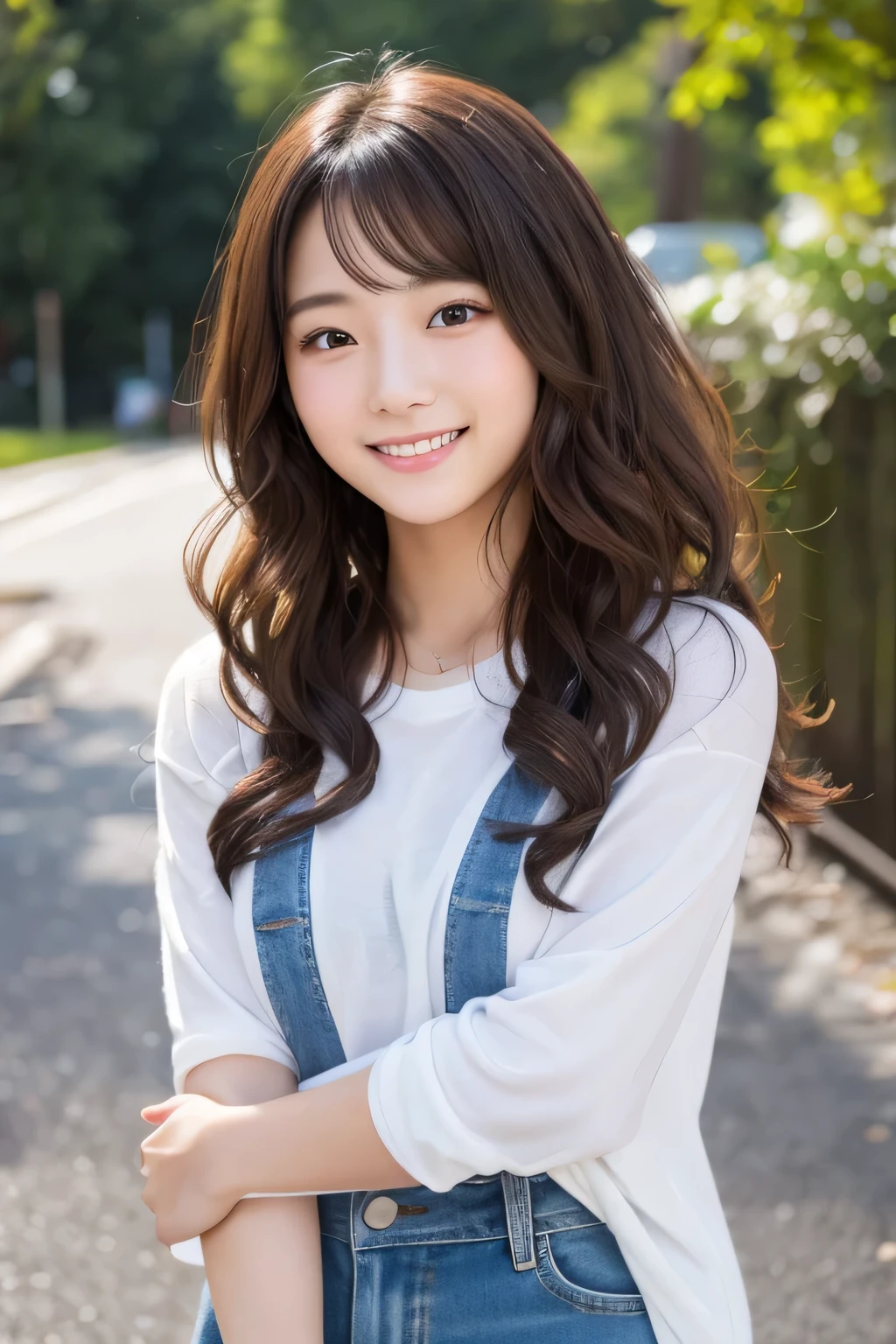 Produce the highest quality and highest resolution 8K images。The model is a 20-year-old Japanese woman.。The image depicts her posing and smiling for the camera.。She has brown eyes and a model figure.、She has an idol-level cute face.。The hair is curly。Skin has a healthy color。Clothes、6Dressed for the month。