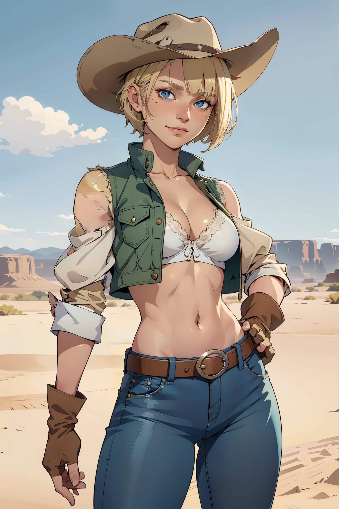 1girl, cowboy hat, white bra, green vest, no sleeves, navel, blue jeans, brown boots, fingerless gloves, short gloves, slight smile, short hair, blonde hair, parted bangs, blue eyes, mole under right eye, American Old West, sunny desert background, belt, best quality, masterpiece