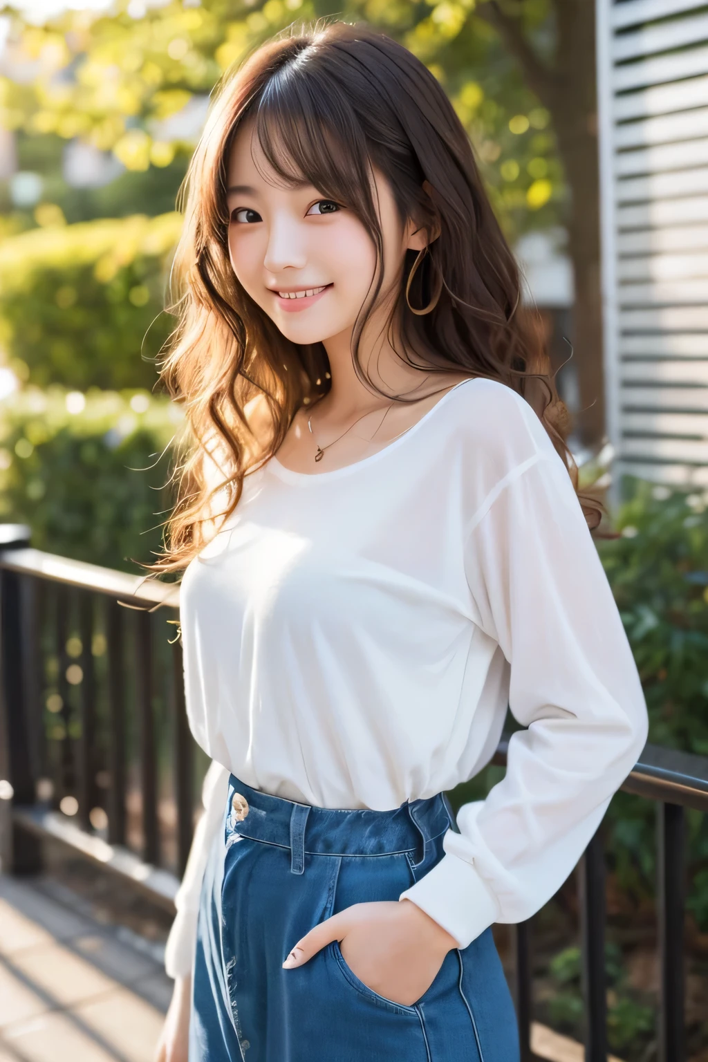 Produce the highest quality and highest resolution 8K images。The model is a 20-year-old Japanese woman.。The image depicts her posing and smiling for the camera.。She has brown eyes and a model figure.、She has an idol-level cute face.。The hair is curly。Skin has a healthy color。Clothes、6Dressed for the month。