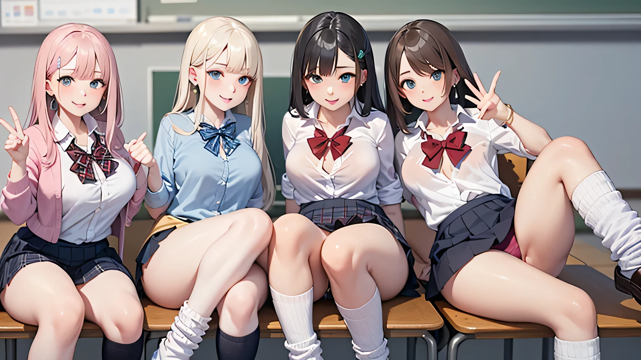 (8k、highest quality、highest quality、masterpiece)、Detailed face、One Girl、White Hair、Wavy Hair、Blue eyes、Earrings、Pink Lips、Wicked Smile、((White collared shirt))、A bow tie、((Black and red checked pleated skirt))、White socks、loafers、Crossing your legs、Classroom Background
 ((Very large breasts)),Big Ass,clavicle, Mature Body,Attractive body,(Trained abdominal muscles),Make your face a little smaller,Blushing,