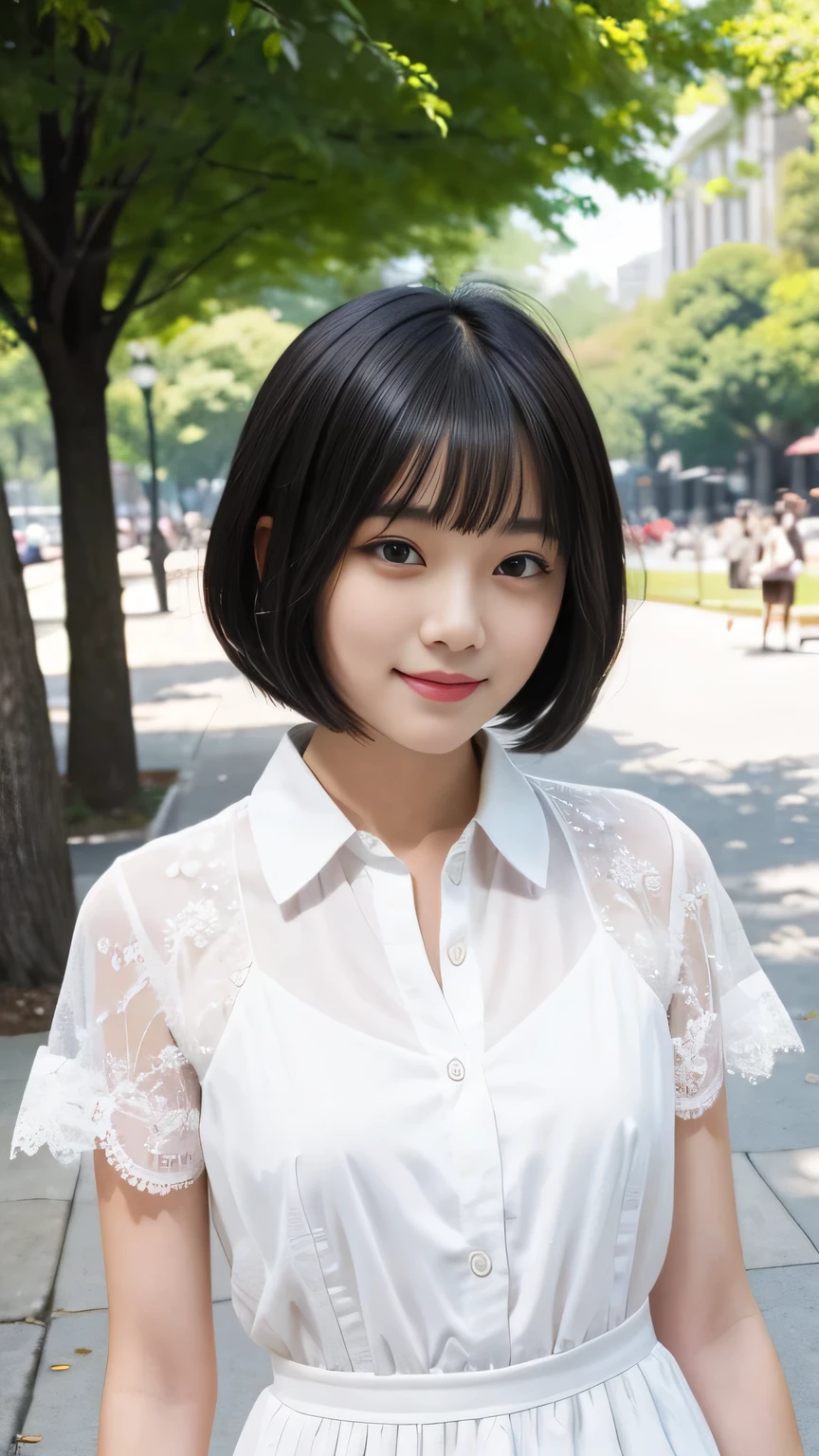 （Ultra-high resolution）（masterpiece）（Textured skin）（Very detailed）（high quality）（最high quality）（First Person View）(16k ),woman,(Upper Shot),White dress shirt,smile,Blunt bangs bob cut,at the park,Black Hair,Model-like beauty
