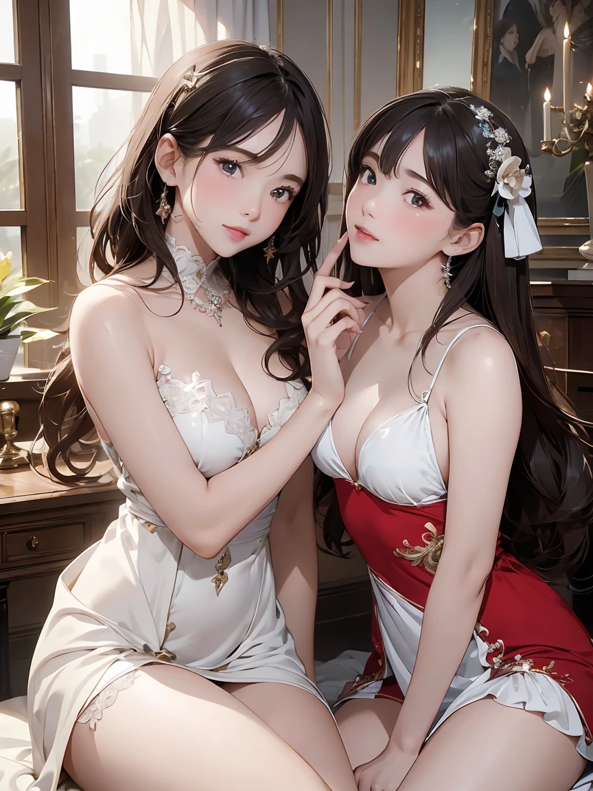 masterpiece, highest quality、Ultra high definition、Photorealistic、((Perfect Anatomy))、(2 girls:1.4)、High-quality facial beauty、in private-room、Put your hand on someone else's crotch、Insert your finger、(Deep Kiss)、Sexy Dress、 (Very delicate and beautiful:1.2), (2 girls:1.4)
