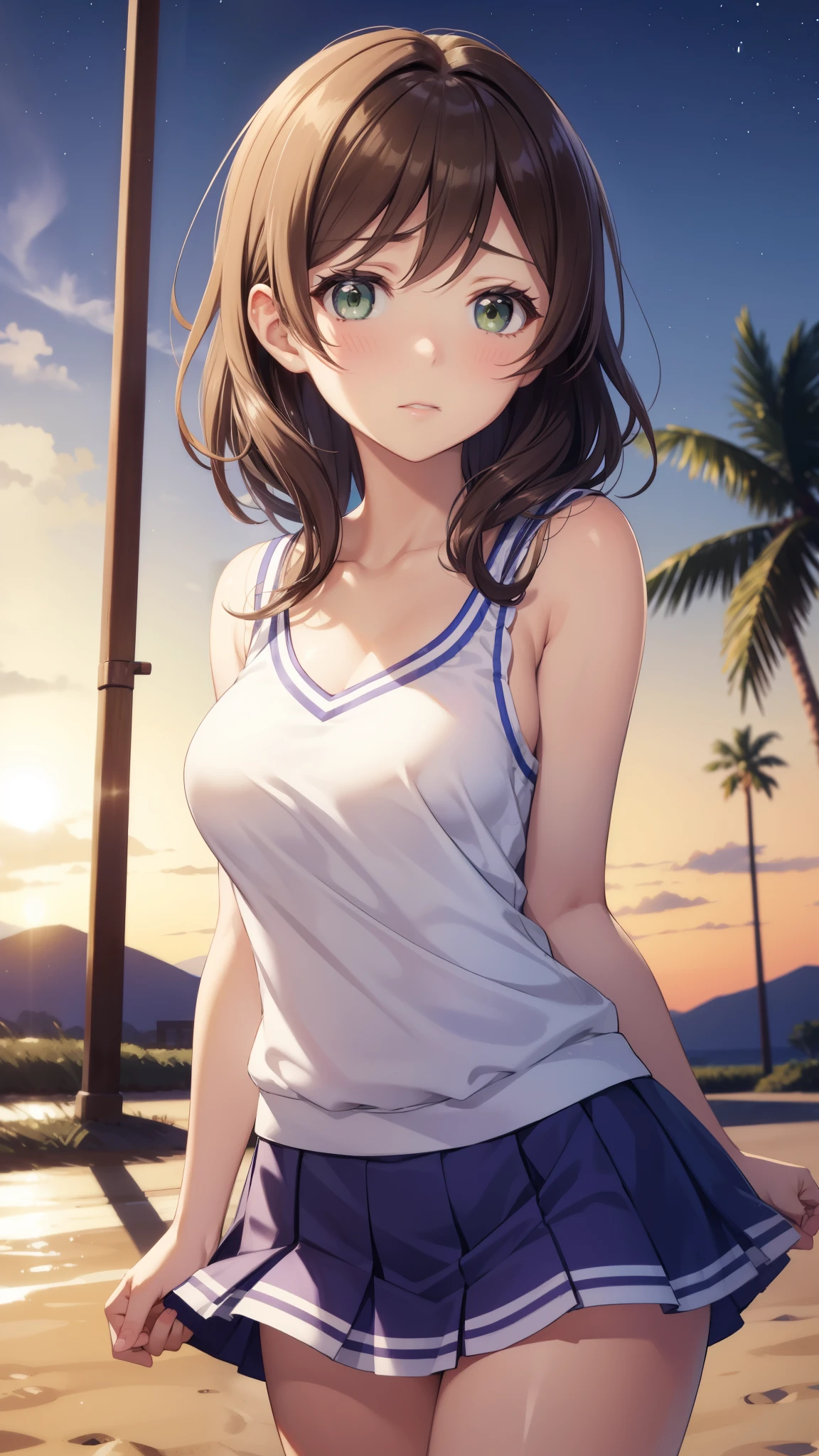 nozomitoujou, nozomi toujou, green eyes, brown hair, short curly hair, large breasts, masterpiece, best quality, high resolution, beautiful detailed eyes, extremely detailed face, good lighting, detailed CG, messy hair, glossy lips, night, school field, (cheerleader), (quicksand:1.2), looking up at viewer, (upset), night, sleeveless, collarbone