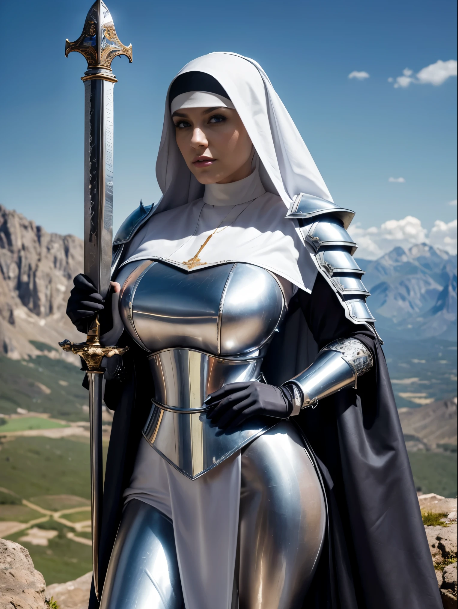 (masterpiece, top quality, best quality, official art, beautiful and aesthetic:1.2), (1girl:1.3), ((Sharp facial features, sharp features, hawkish features)), ((blue eyes)), busty brunette paladin knight girl, extremely detailed, portrait, looking at viewer, solo, (full body:0.6), detailed background, full-body shot, (warm mountain meadow theme:1.1), holy knight, (nun), charlatan, smirk, mysterious, swaying in mountains, armor, polished metal, gold trim, long boots, white fabric, pelvic curtain, robe, pale leather, ((((nun, greatsword, corona, holy aura, heavy armor, armored, long legs, pelvic curtain, toned, muscular)))), slim waist, slim hips, long legs, medieval (mountain exterior:1.1) background, dark mysterious lighting, shadows, magical atmosphere, dutch angle
