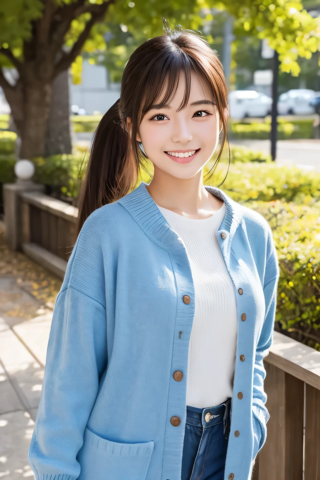 Produce the highest quality and highest resolution 8K images。The model is a 20-year-old Japanese woman.。The image depicts her posing and smiling for the camera.。She has brown eyes and a model figure.、She has an idol-level cute face.。The hair is in a ponytail。Skin has a healthy color。Clothes、6Dressed for the month。