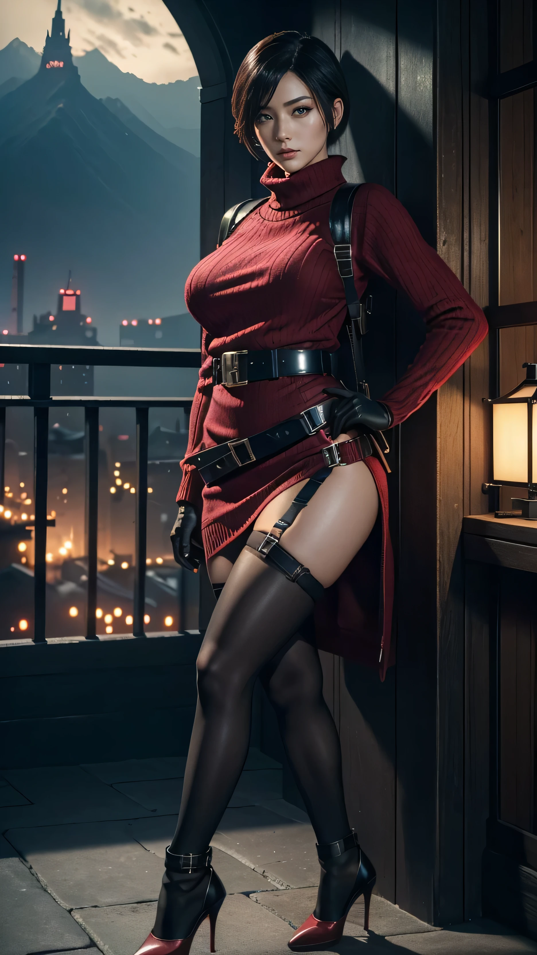 masterpiece, best quality,   <lora:sxz-ada:0.8> ada,  sweater dress, turtleneck, ribbed sweater, thigh high boots, pantyhose, harness, holding gun, black hair, sitting,  <lora:add_detail:2>