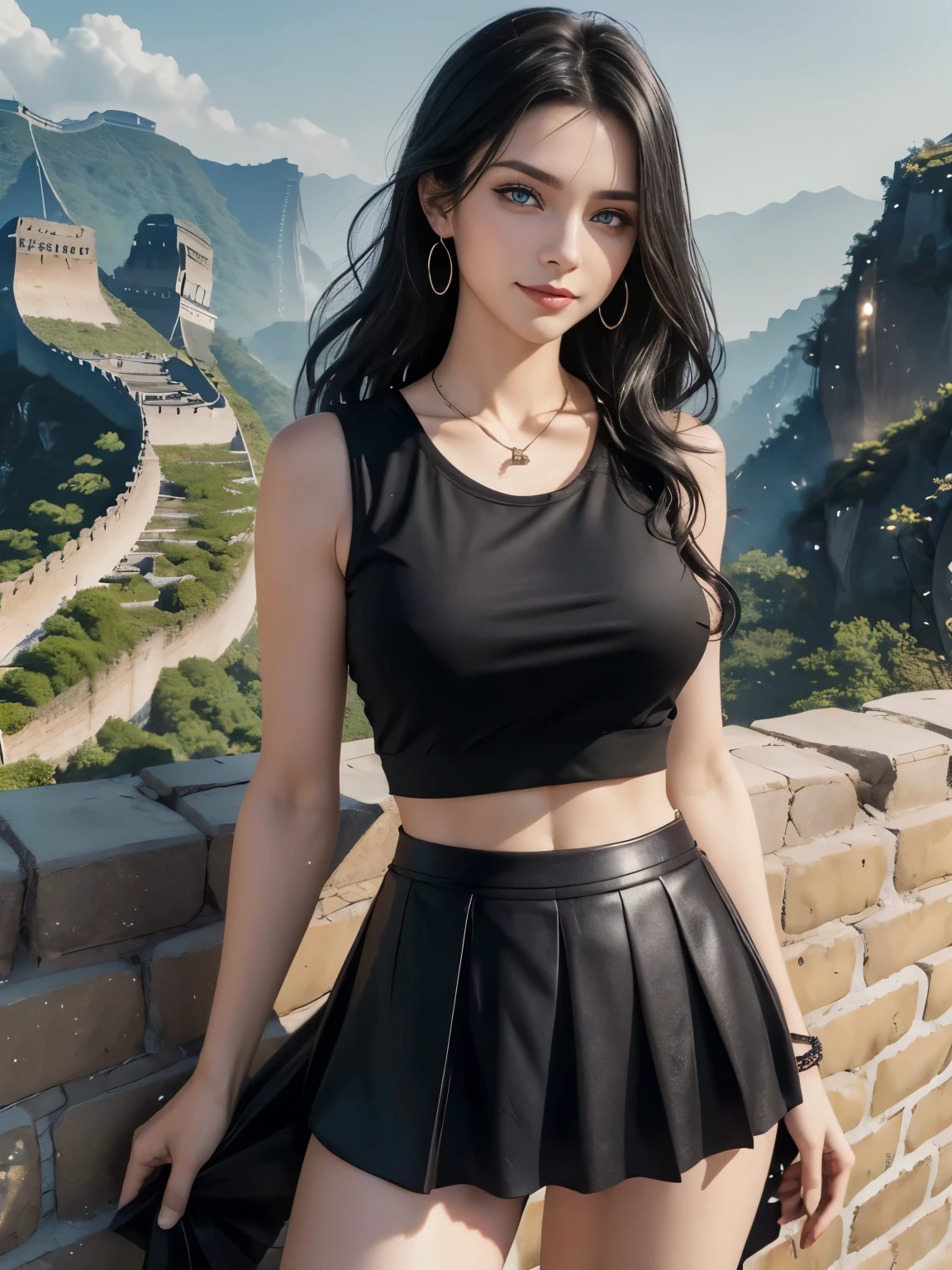 ((Caucasian woman)); blue-black hair, wavy hair, long hair, hair up; blue eyes, lined eyes, focus blue eyes, glitter eyes; red lipstick, smile; athletic body, (medium breasts), nipples, (((legs))), ((nude legs)); (sleeveless top), (((black top))); short skirt, pleated skirt, (((black skirt))); earrings, necklace, bracelets; ((standing)), ((on the chinese wall)), In the background you can see the extension of the Chinese wall; side shot.