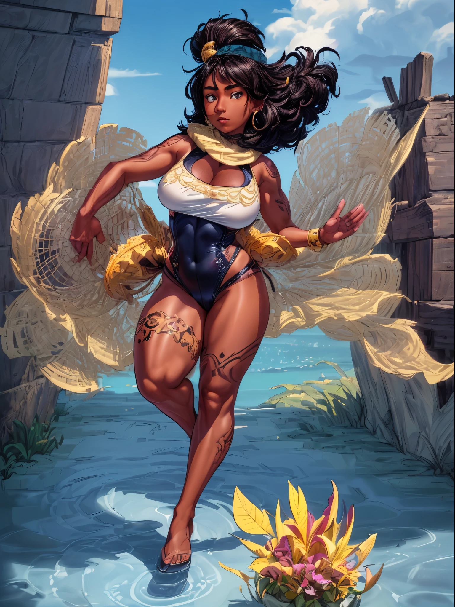 connie maheswaran age 25, ( extremely detailed CG, Mahagony-skinned female with dark Reddish-brown skin, black eyes, and phoenix back tattoo, wearing a full-body open back leotard, mini shorts with stars on the back pockets and a baret holding her black hair tight dragonbraid. strong , well-built, Perfect hourglass physique, amazing skin, strong oblong-shaped face, narrow convex hooked nose. strong, toned, wide heart hips,, biting lips enticingly, catching your eye, waving you closer to her). +( overlooking a coastal city with hands in her pockets,looking over her shoulder ,playful bottom hit) :+(view from behind, hd illustration, extreme long shot, rendered in Unreal Engine 5, hyper-realistic, , 128k, ultra - HD, intricate detail, super - res, webcomic animation, ink art, full-length portrait, wide-body shot, alluring aura and stare , ink art,Black ink,tattoo design outline, Lineart, brush art ,thin line animation, ultra-HD masterpiece, highest quality, highly detailed facial expressions,realistic expression, perfect piece, perfect prompt ,full length, best quality, intricately accurate facial and physical structure, intricately realistic expression and emotion, accurate colored complexion, accurate body anatomy, intricate bodypaint, complex hairstyles, intricate character detail, intricately expressive, intricate color design, complex emotions,) 