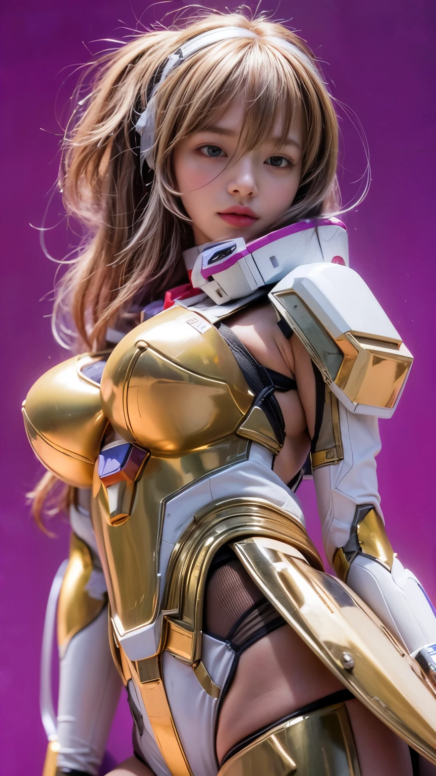 RAW, Masterpiece, Ultra Fine Photo,, Best Quality, Ultra High Resolution, Photorealistic, Sunlight, Full Body Portrait, Stunningly Beautiful,, Dynamic Poses, Delicate Face, Vibrant Eyes, (Side View) a close up of a woman in a pink and white gundam custume, dybamic pose, long brown very very very long long hair rapunzel, girl in mecha cyber armor, portrait armored astronaut girl, d. va from overwatch, female mecha, on a gundam, gundam head, chiho aoshima color scheme, mobile suit, streamlined purple armor, fully robotic!! girl, realistic cosplay, gundam armor (dynamic pose) (best cameraview), full body, sit down