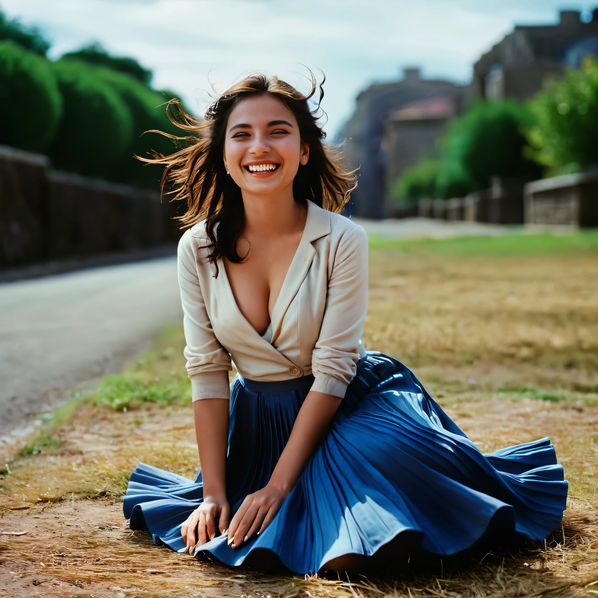 A smiling, authentic, (shy:1,3), kind, beautiful woman, is passionately in love with her skirt, sitting down on the ground while wind lifts her skirt, wearing short blazer and very, very detailed (long (fully pleated) full circle skirt) and (low heeled court shoes), very, very intricate hyper-detailed symmetric (attractive graceful young feminine face) with (sad, tired eyes and a loving smile), very voluptuous breasts, full of empathy and compassion and love, (pronounced (feminine) features), (highly detailed ultra accurate realistic) hands and fingers, (windy), epic composition, highly detailed attributes, (35mm f1.4 Kodak portra 400 photograph), extremely high quality RAW photograph, highly detailed atmosphere, sci-fi, cinematic shot, dynamic lighting, 75mm, Technicolor, Panavision, cinemascope, sharp focus, fine details, 8k, HDR, realism, realistic, key visual, film still, superb cinematic color grading, depth of field