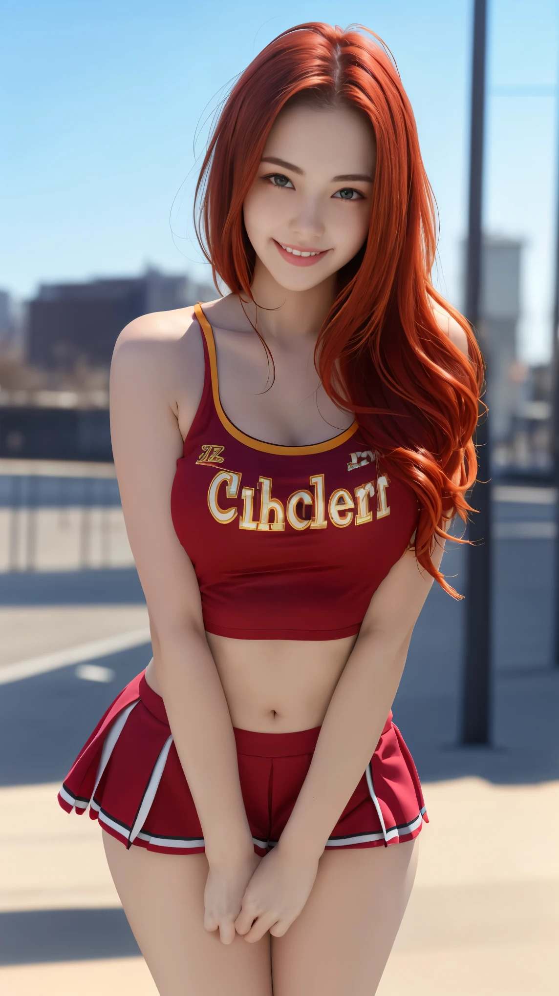 Beautiful redhead, very cute face, 4k resolution, solo:1, pov, beautiful thick thighs, Sunny city background, (cheerleader), collarbone, very cute 18 year old girl