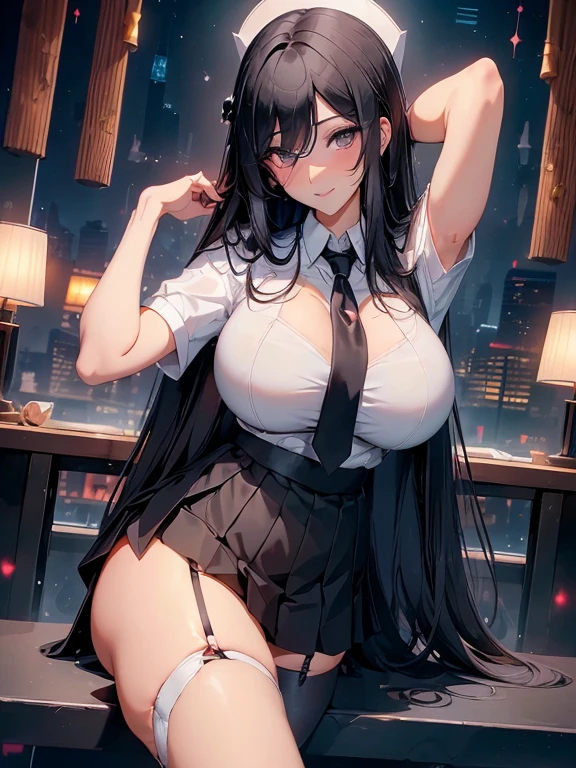 (Manhwa style), a sexy girl, long black straight hair, black eyes, beautiful eyes, blush on make up, red eyeliner, black neck tie, white shirt, mini pleated skirt, stockings, garter belt, big breasts, blushing, smiling, (high quality), (best quality), (full body), sexy lips, cleavage, big hips,