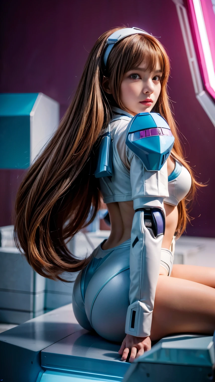 RAW, Masterpiece, Ultra Fine Photo,, Best Quality, Ultra High Resolution, Photorealistic, Sunlight, Full Body Portrait, Stunningly Beautiful,, Dynamic Poses, Delicate Face, Vibrant Eyes, (Side View) a close up of a woman in a pink and white gundam custume, dybamic pose, long brown very very very long long hair rapunzel, girl in mecha cyber armor, portrait armored astronaut girl, d. va from overwatch, female mecha, on a gundam, gundam head, chiho aoshima color scheme, mobile suit, streamlined purple armor, fully robotic!! girl, realistic cosplay, gundam armor (dynamic pose) (best cameraview), full body, sit down