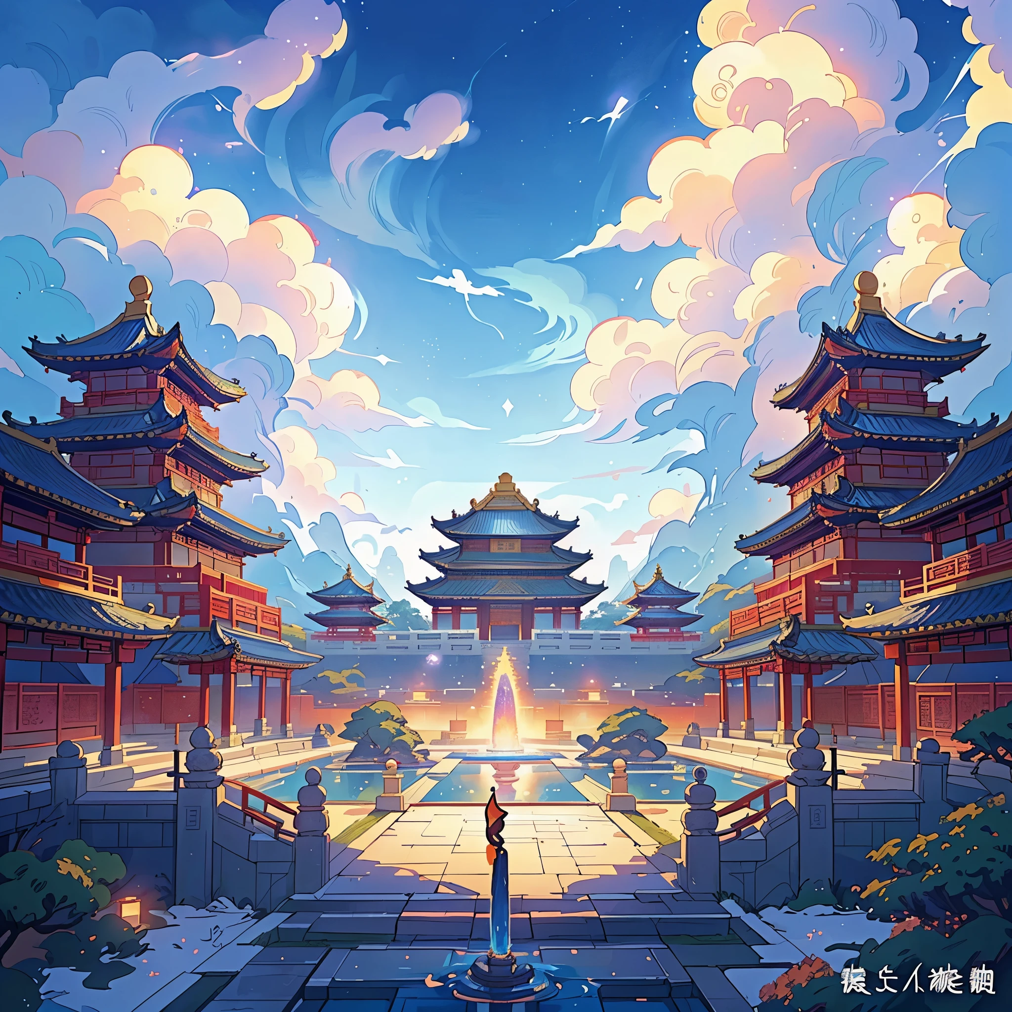 anime scenery of a temple with a fountain and a sky background, by Yang J, by Qu Leilei, anime background, chinese fantasy, anime background art, ross tran. scenic background, trending on cgstation, temple background, by Zhou Fang, by Victor Wang, rossdraws global illumination, cyberpunk chinese ancient castle, anime beautiful peace scene, by Li Song, background art