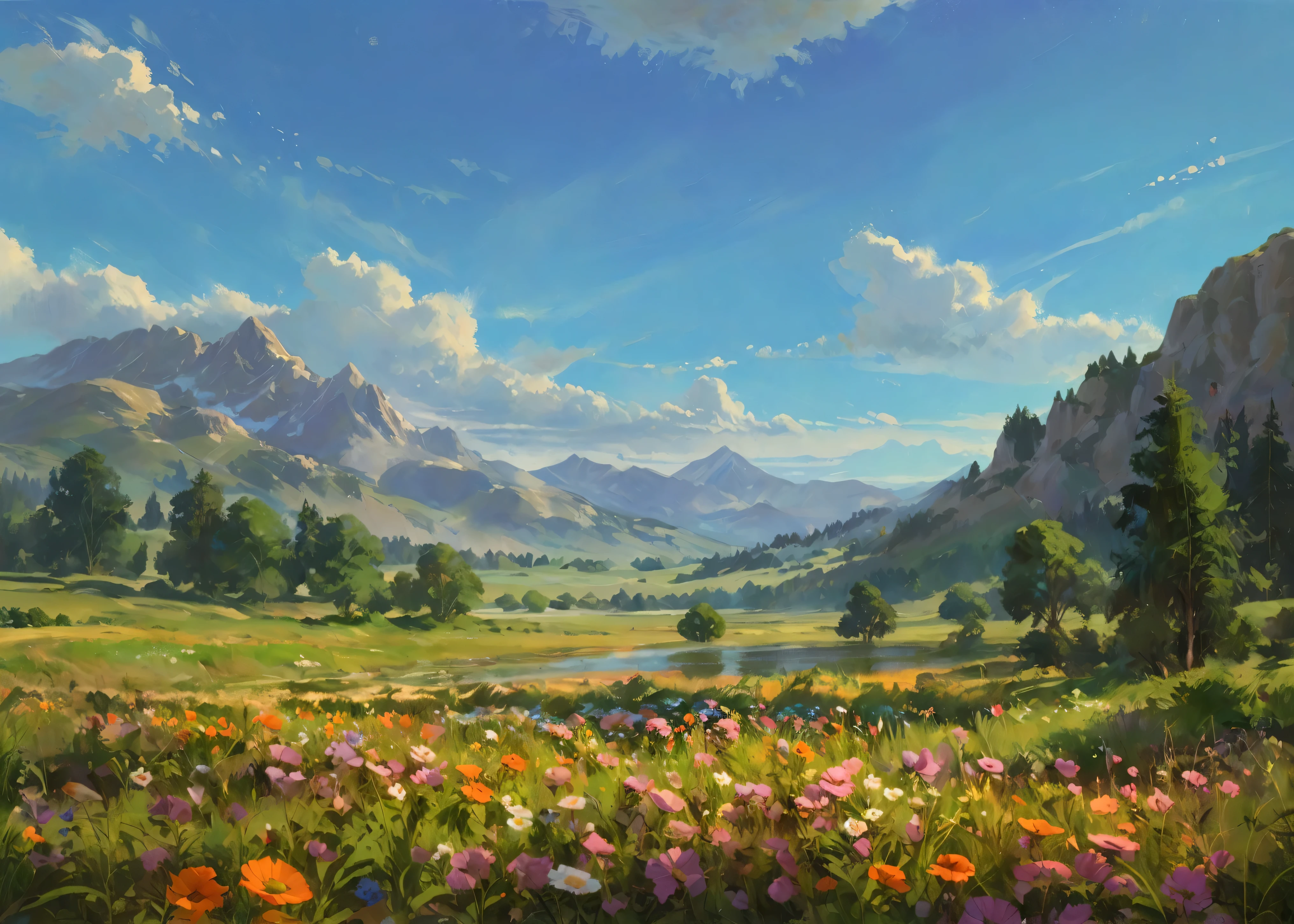 A landscape painting with a river and flowers, Ross Chen. Landscape background, Silvaan Sarayi, Beautiful art UHD 4K, Vast and lush valley flower, Landscape Artwork, author：Chen Zhou, Beautiful scenery, Detailed scenery —width 672, James Gurney and Andreas Rocha, concept art | Rad, Rad and thomas kinkade