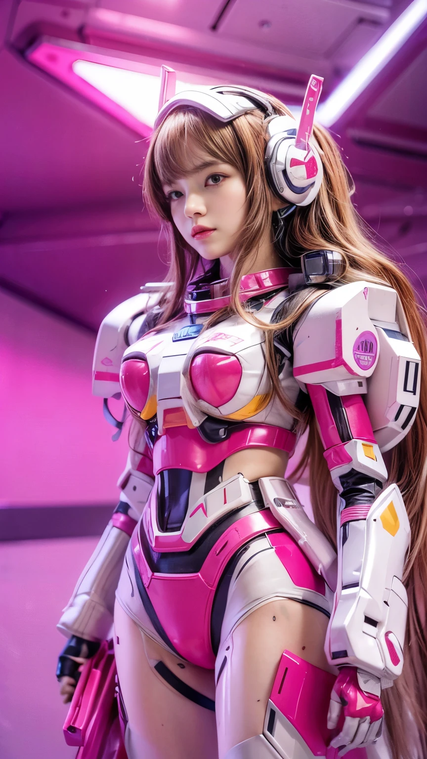 RAW, Masterpiece, Ultra Fine Photo,, Best Quality, Ultra High Resolution, Photorealistic, Sunlight, Full Body Portrait, Stunningly Beautiful,, Dynamic Poses, Delicate Face, Vibrant Eyes, (Side View) a close up of a woman in a pink and white gundam custume, dybamic pose, long brown very very very long long hair rapunzel, girl in mecha cyber armor, portrait armored astronaut girl, d. va from overwatch, female mecha, on a gundam, gundam head, chiho aoshima color scheme, mobile suit, streamlined purple armor, fully robotic!! girl, realistic cosplay, gundam armor (dynamic pose) (best cameraview), full body, sit down