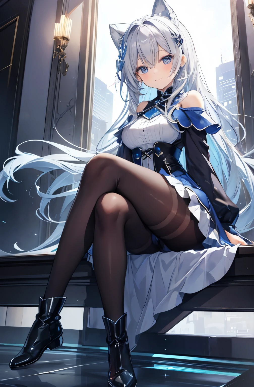 Half closed eyes:1.1), Bluish silver medium length hair、キュートShiny skin, Shiny skin, Wide Hips, Tight waist, Double good, Branish color, hair ornaments, Off-the-shoulder dress, pantyhose, Black body stocking,  Captivating smile, Wicked Smile, , Ass Focus, From below,  (feetを組んで) (((Sitting))), feet, Boots Sole, skirt