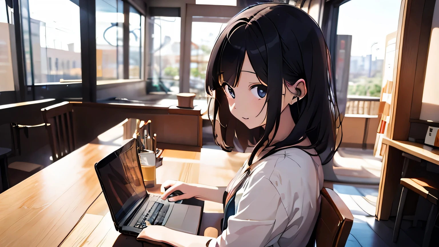 Lo-fi music vibes、Please draw me a cute anime style illustration。
Please draw an illustration of a cute girl wearing earphones..。
10 a.m.。The weather is sunny。Outside the window is a city background。Head to waist。Sitting on a chair in a coffee shop。An open laptop on a table。Working on a laptop with earphones。Black hair color。Please draw me an illustration of a cute girl。Use pastel and soft colors、Expressing a gentle atmosphere。The light shines。
As an accent color、Use vibrant colors。
Keep the color wheel in mind、Maintain a consistent color scheme。