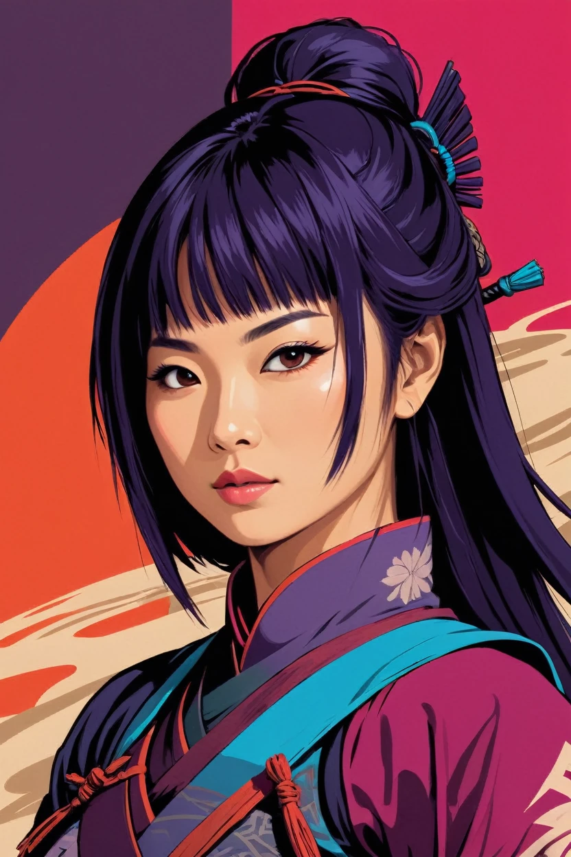 Japanese woman warrior, digital artwork, bold lines, vibrant, saturated colors,wong-kodew