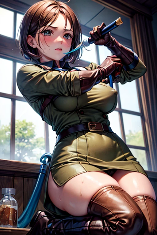 Browsing Caution, (Best image quality,highest quality,Highest Resolution, Ultra-Realistic Images,Very detailed,masterpiece,8k),One Woman,Whipping,Brown medium hair,Khaki military uniform,Leather gloves,Leather boots,((With a blue whip)),((Sticky with sweat)),Big Breasts, Erect nipples,((Pull up your clothes to expose your breasts,Showing off big areola)),blush, Eyes in Love, Dynamic pose ,Browsing Caution,