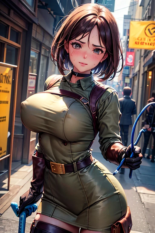 Browsing Caution, (Best image quality,highest quality,Highest Resolution, Ultra-Realistic Images,Very detailed,masterpiece,8k),One Woman,Whipping,Brown medium hair,Khaki military uniform,Leather gloves,Leather boots,((With a blue whip)),((Sticky with sweat)),Big Breasts, Erect nipples,((Pull up your clothes to expose your breasts,Showing off big areola)),blush, Eyes in Love, Dynamic pose ,Browsing Caution,