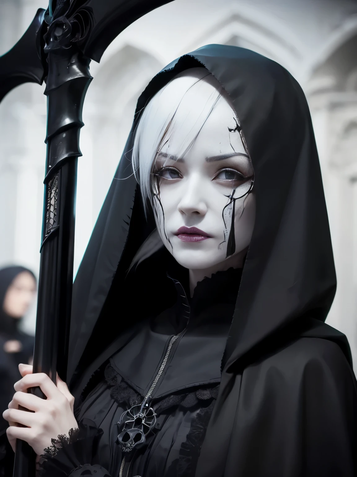 ((grim reaper)), ((Scythe)), (skull face paint), (white skin), gray hair, cinematic lighting, single_human_girl, extremely_detailed_eyes_and_face, church, annoyed, ink, illustration, depth of field, frown, expression, red_eyes, white_hair, extremely detailed, watercolor, anime face, skull_on_dress, detailed_skeleton_church, beautiful detailed black gothic Empire Waist Dress, dramatic_angle, bright_eyes, looking_at_viewers, close_to_viewers, masterpiece, messy_long_hair, lens_flare, light_leaks, ethereal, spectral, ghostly, shadowy, ominous, macabre, eerie, dark_aura, hooded_figure, cloaked, haunting, otherworldly, phantom, spectral_figure, deathly, ghoulish, supernatural, sinister, mystical, foreboding, chilling, enigmatic, spectral_light, ethereal_glow, haunting_presence, spectral_beauty, ghostly_figure, otherworldly_glow, sinister_grin, spectral_essence, haunting_eyes, dark_realm
