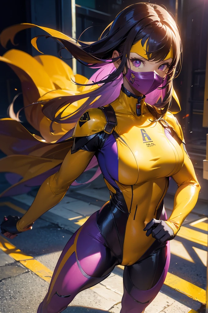 (masterpiece), best quality, standing, master piece, full body character concept, full body character design, full body concept art, SuperHero, Yellow Clothes with Purple symbol, Red mask in eyes part, tight suit, White Line, 1Girl, Big boob